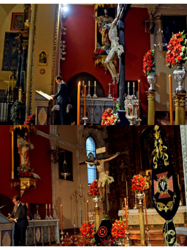 Interior de una iglesia con altares decorados con flores y un sacerdote en el altar mayor.