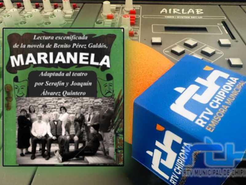 Un cartel de la obra teatral 'Marianela' con una imagen de un grupo de personas y el logo de RTV Municipalidad de Chipiona.