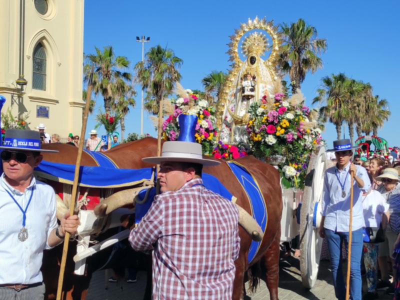 Desfile religioso con una imagen de la Virgen en un carro tirado por caballos, mientras gente observa desde el lado.