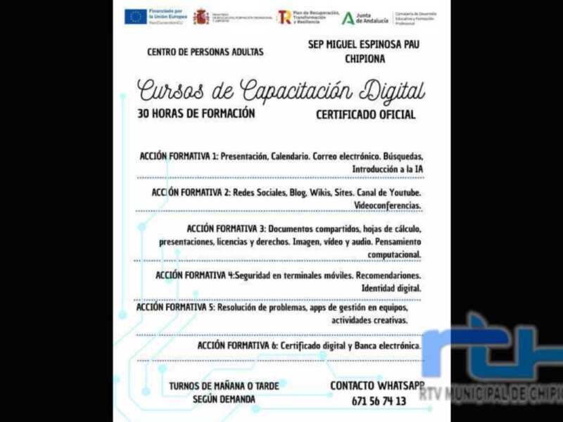 Cursos de Capacitación Digital en el Centro de Personas Adultas, con 30 horas de formación y certificado oficial. Ofrece acciones formativas en presentación, redes sociales, documentación, seguridad móvil, resolución de problemas y certificado digital.