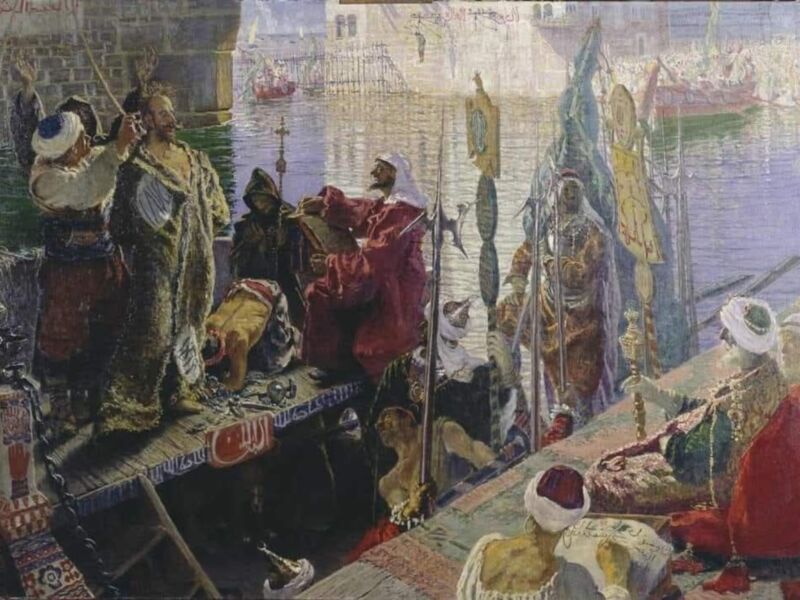 Imagen antigua de una ceremonia naval, con personajes en trajes tradicionales y banderas. Fondo de agua y barcos, estilo pintura clásica.