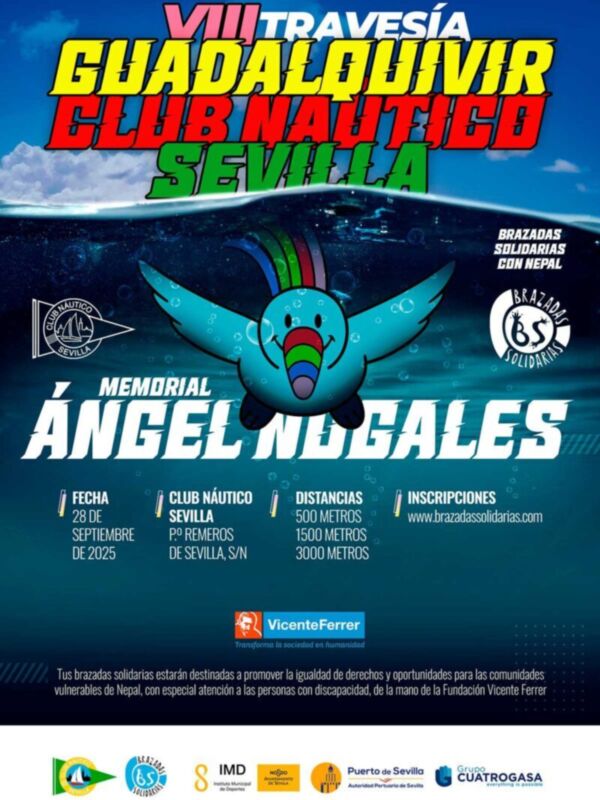 VIII Travesía Guadalquivir Club Náutico Sevilla. 28 de septiembre de 2025, desde Sevilla a Sevilla, 1500 metros y 3000 metros. Inscripciones en www.braceldasolidarias.com. Fundación Vicente Ferrer.