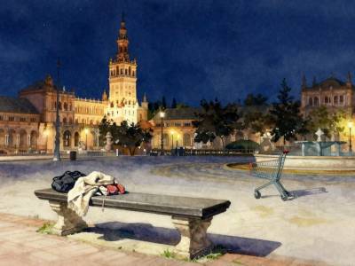 Ilustración alegórica en acuarela de un banco con mantas y pertenencias en una plaza de Sevilla.